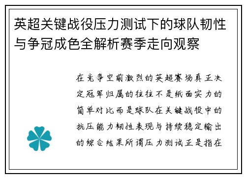 英超关键战役压力测试下的球队韧性与争冠成色全解析赛季走向观察